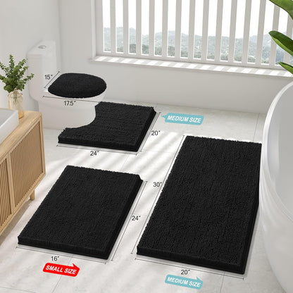 Smiry Chenille Bathroom Rugs Sets 2 Piece (30x20+24x16, Black)