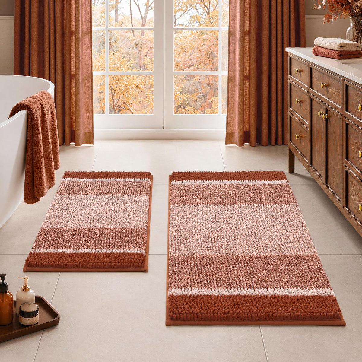 HOMEIDEAS Blue Bathroom Rugs Set, Striped Chenille, 20"x32"+17"x24"