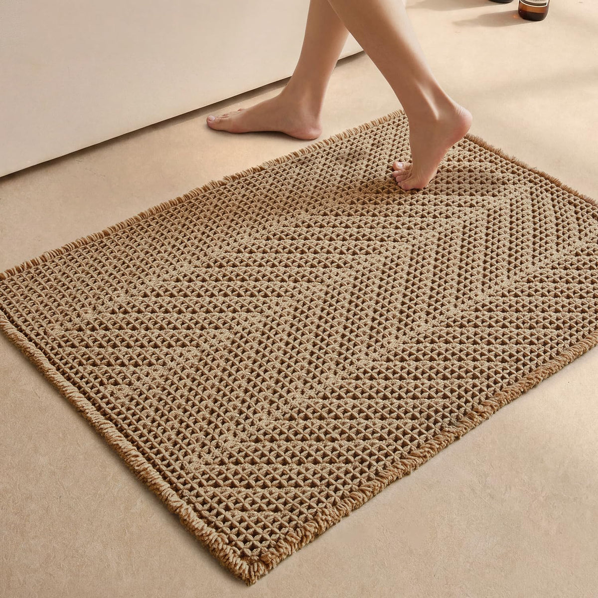 Sunfly Boho Bathroom Rug, Herringbone Waffle Bath Mat Non-Slip Washable Super Absorbent Quick Dry, Farmhouse Bath Mat for Bathroom Floor Decor 20"*30" Khaki