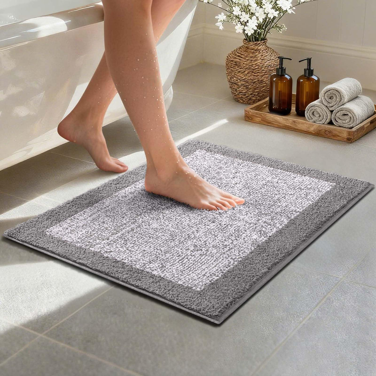 Long 2x4 Ft (48''x24'') Bathroom Rugs, Non Slip Washable Bath Mat Grey