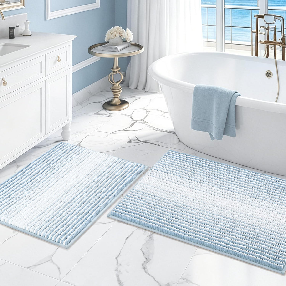 BSICPRO Bathroom Rugs Sets 2 Piece, Non Slip Striped Bath Mats, Fog Blue