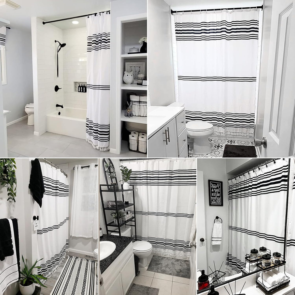 Seasonwood Black and White Shower Curtain with Tassels, 72 x 72