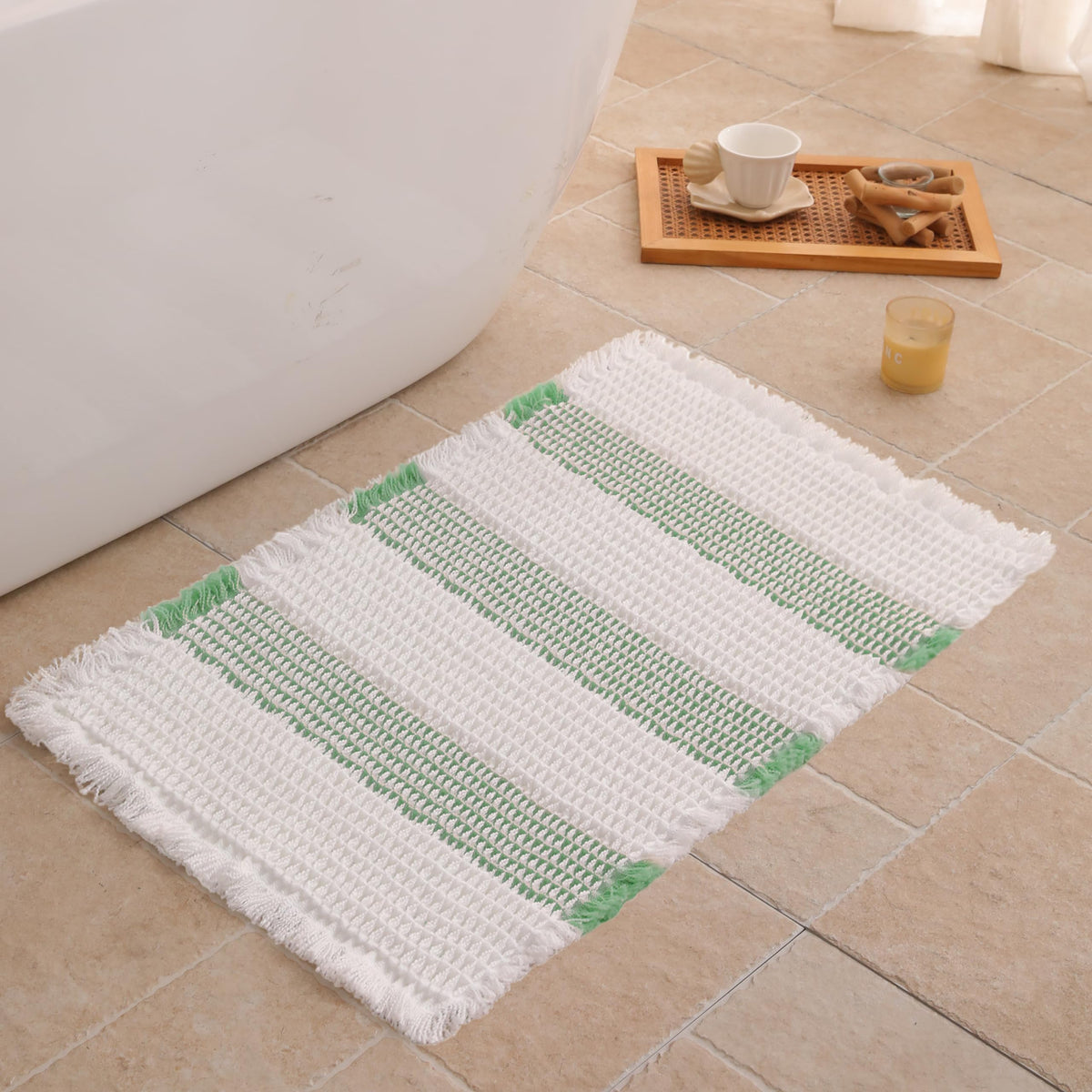 Waffle Bath Mat Non Slip, Boho Bathroom Rug, White/Taupe, 16"x24"