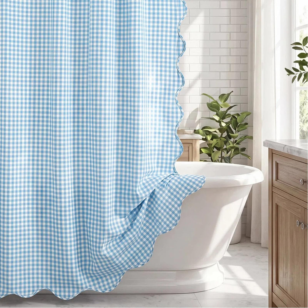 HunnmingRe Ruffle Hem Gingham Shower Curtain Sage Green