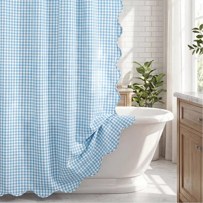 HunnmingRe Ruffle Hem Gingham Shower Curtain Sage Green