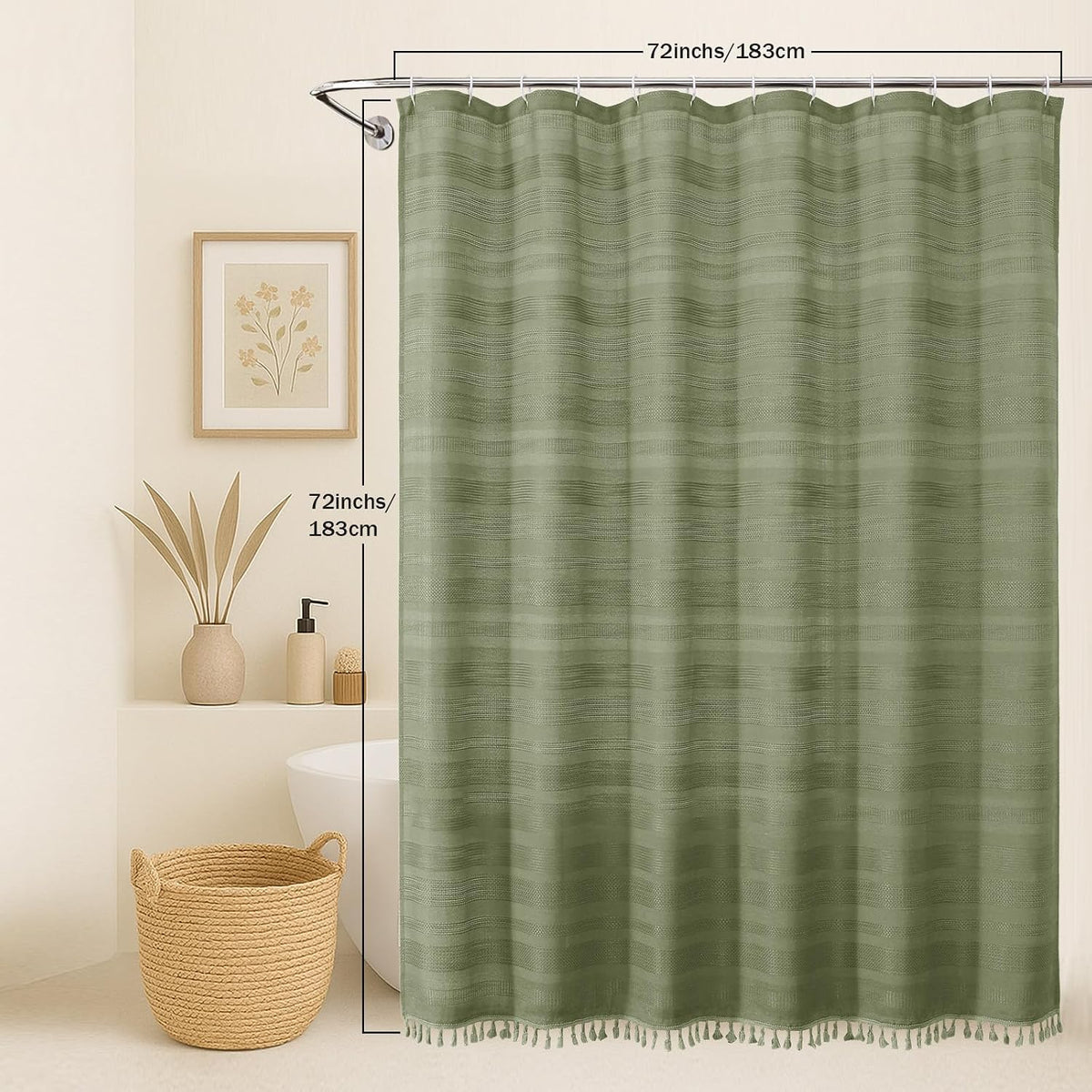 OVZME Sage Green Shower Curtain for Bathroom, Boho Linen Textured Shower Curtain with Tassel, Rustic Striped Heavy Duty Vintage Country Bathroom Curtain, 72Wx72L Inches