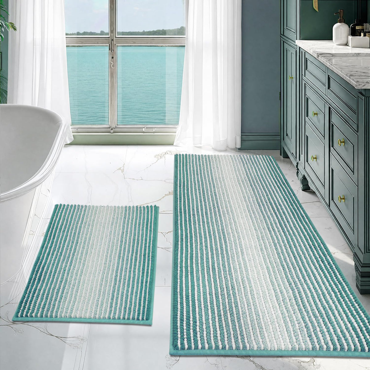 BSICPRO Bathroom Rugs Sets 2 Piece, Non Slip Striped Bath Mats, Fog Blue