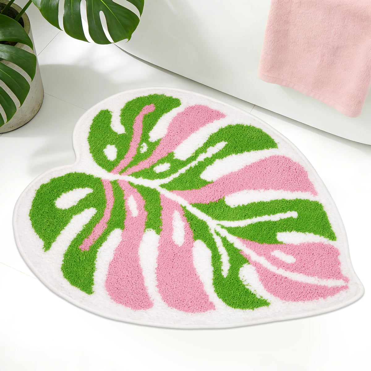 Bathroom Rugs with Green Leaf,Black Cat Monstera Rug