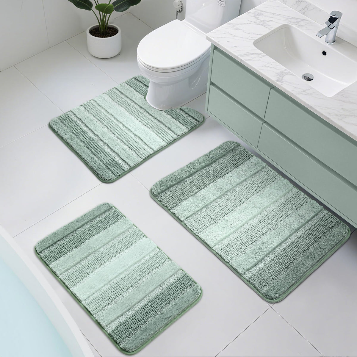 3 Pcs Ombre Bath Mat Set for Bathroom, Non Slip Ultra Soft and Thick Water Absorbent Bath Carpet, Machine Washable & Quick Dry Bathroom Rug, for Bedroom Door Living Room,Green