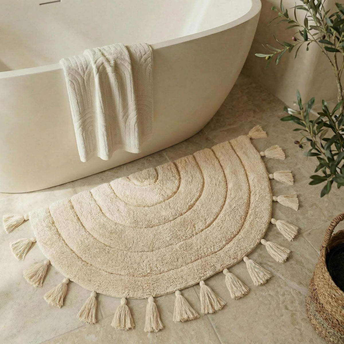 Beautiful Boho Rug with Tassels - Soft Half Circle Cotton Bathroom Mat