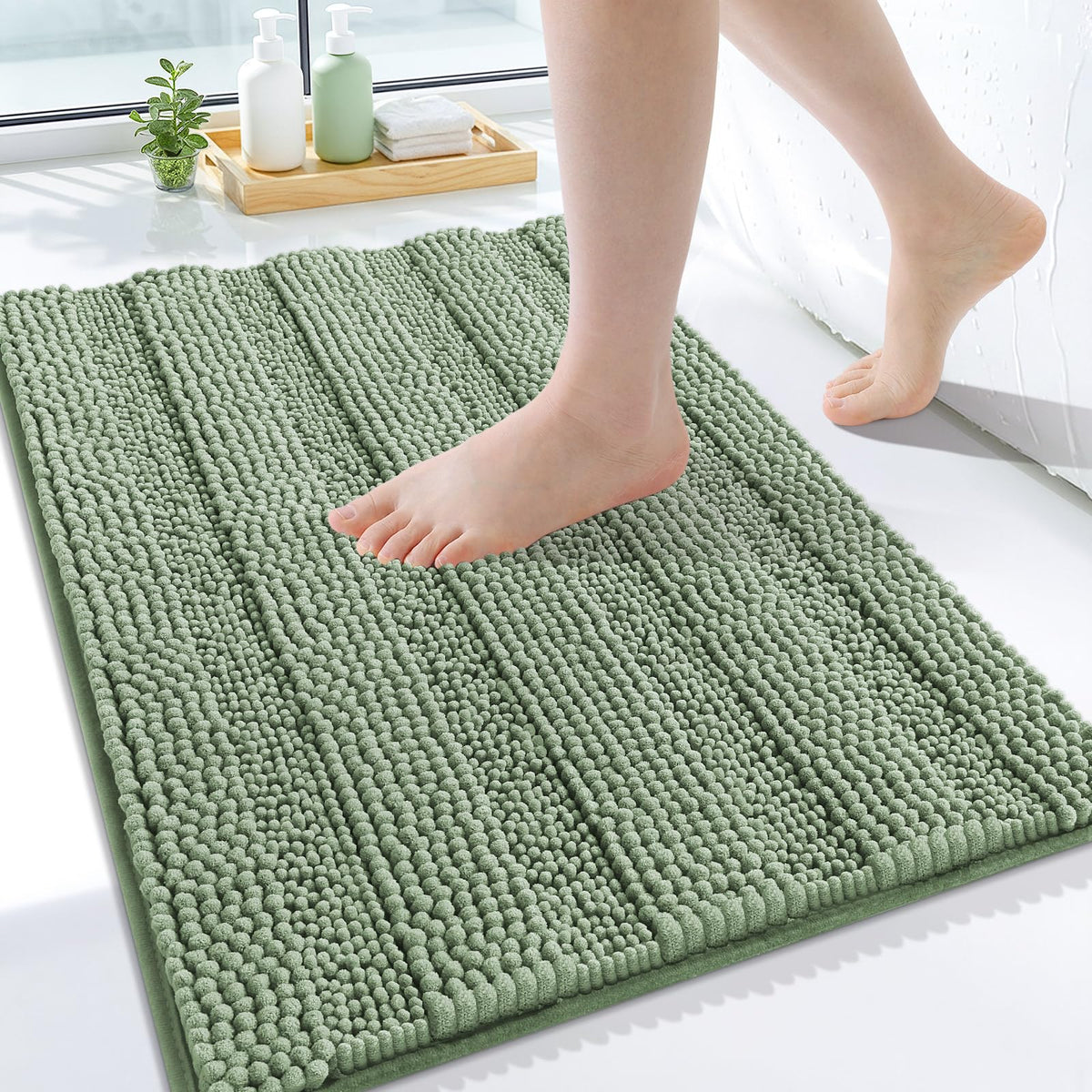 Grandaily Chenille Striped Bathroom Rugs 36x24, Extra Thick and Absorbent Bath Mats, Non-Slip Soft Plush Shaggy Shower Carpet, Machine Wash Dry, Bath Rug for Bathroom, (Large, Light Grey)