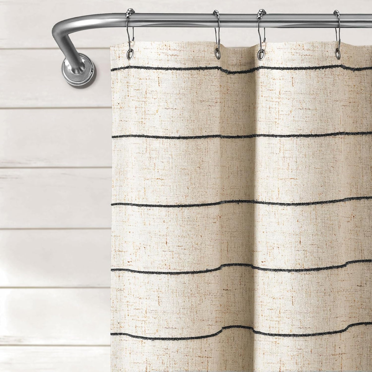 Striped Linen Shower Curtain for Bathroom, Black and Beige 72 W x 72 H