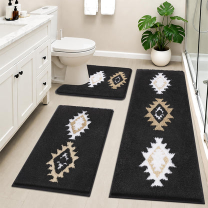 HEBE Boho Bathroom Rugs Set 3 Piece, Non Slip Washable Bath Mat Set