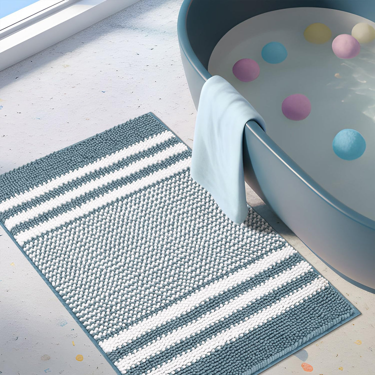 BSICPRO Bathroom Rugs Sets 2 Piece, Non Slip Striped Bath Mats, Fog Blue
