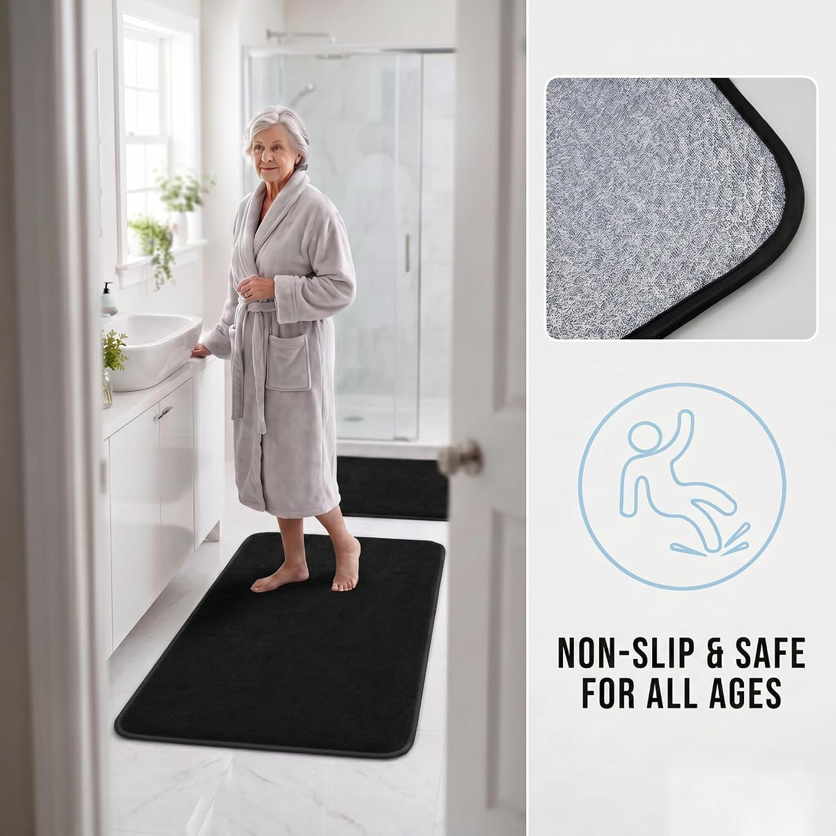 Bathroom Rugs Set 2 Piece Non Slip Soft Absorbent Plush Bath Mats(Black)