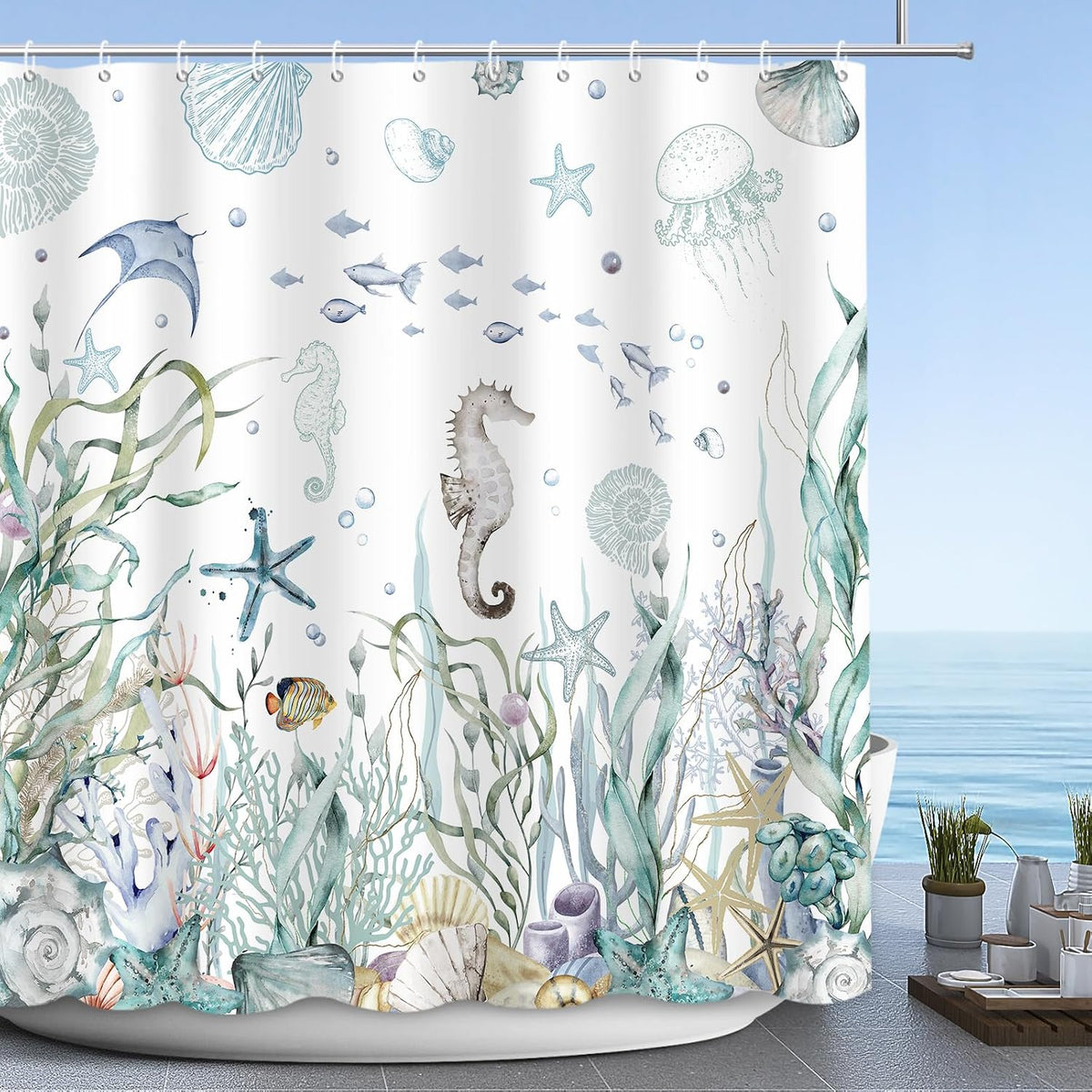 MEHOFOND Nautical Shower Curtain Coral Seashell Beach Shower Curtains for Bathroom Decor Under The Sea Themed Bathroom Shower Washable Durable Fabric Shower Curtains 72x72 in