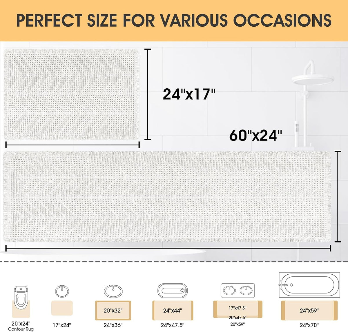 Upgrade Waffle Bath Mat Set 2 Piece, Boho Bathroom Rugs Absorbent Non Slip, Ultra Soft Bathroom Mat, Machine Washable Knit Bath Rugs with Herringbones for Bathroom, Bedroom, Kitchen, Shower, White