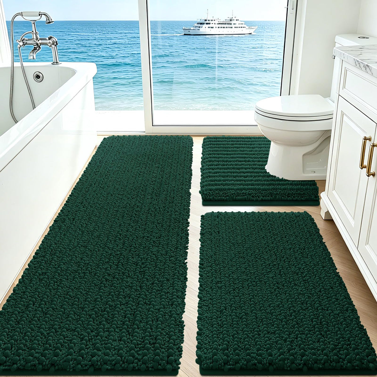 ACCUMTEK Upgrade Extra Large Black Bathroom Rug Set 3 Pieces Ultra Soft, Thick Absorbent Bath Mats, Non Slip Chenille Toilet Mat for Bathroom, Bedroom, Kitchen
