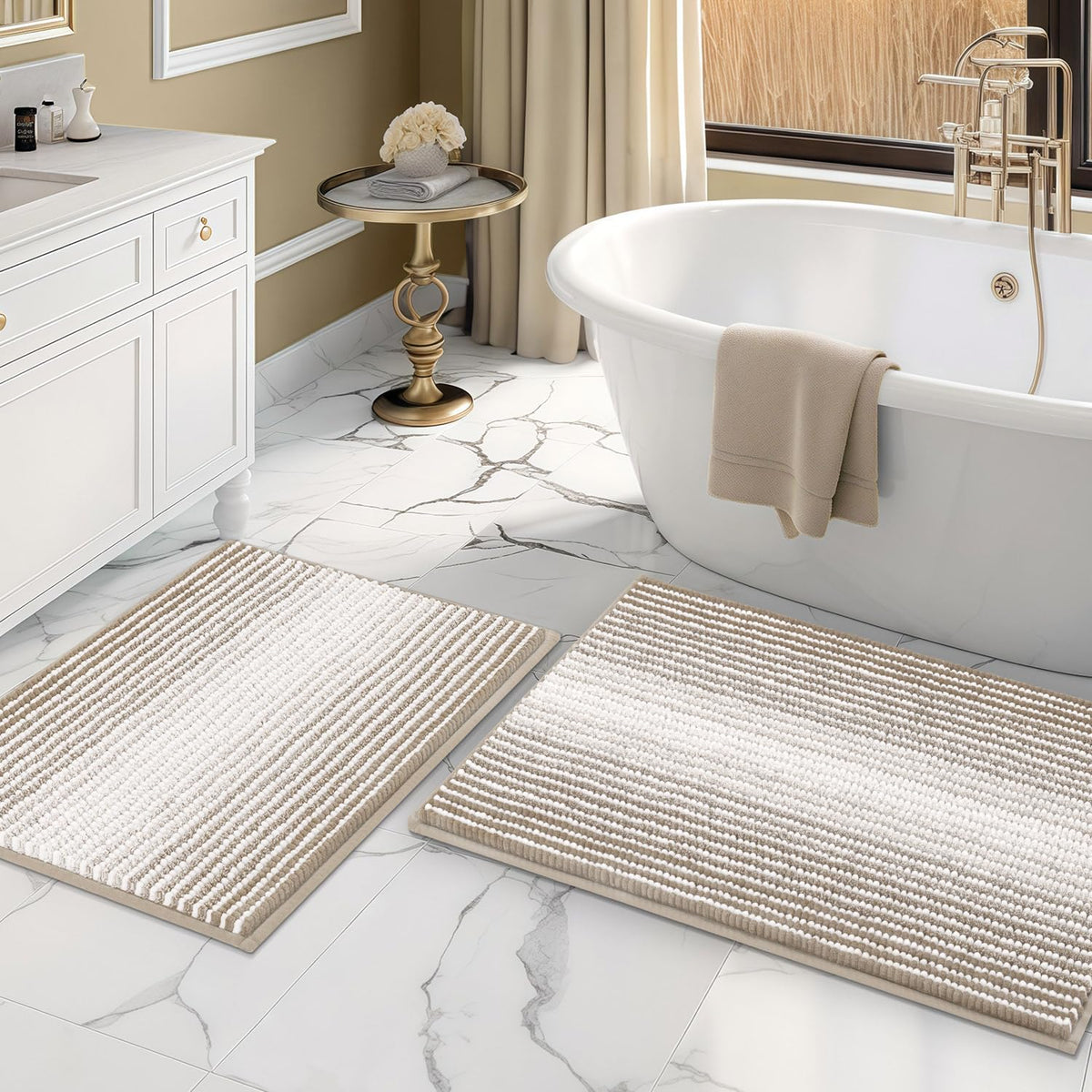 BSICPRO Bathroom Rugs Sets 2 Piece, Non Slip Striped Bath Mats, Fog Blue