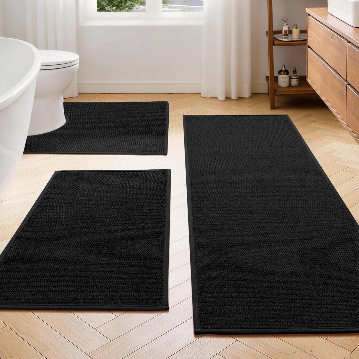 YIHOUSE Gray Bathroom Rugs Sets 3 Piece, Quick Dry Thin Bath Mat with Toilet Rug, Non Slip Absorbent Machine Washable, Bath Runner Rugs for Bathtub Sink Home Decor