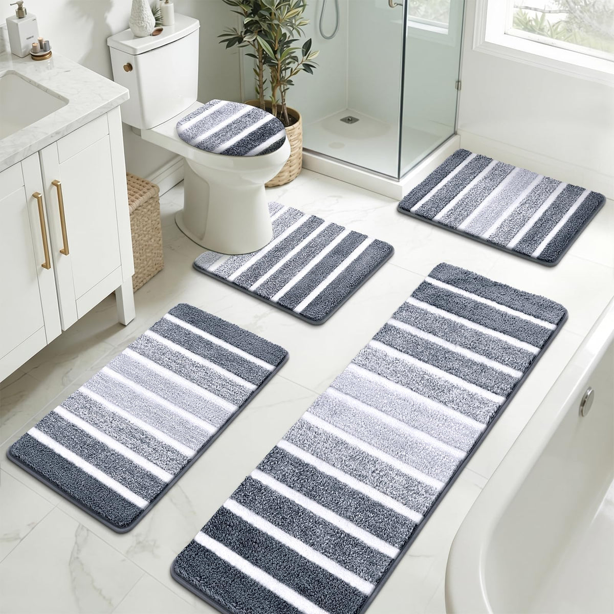 Yamaziot Sage Green Bathroom Rug Set 5 Piece Washable Non Slip Striped Mat