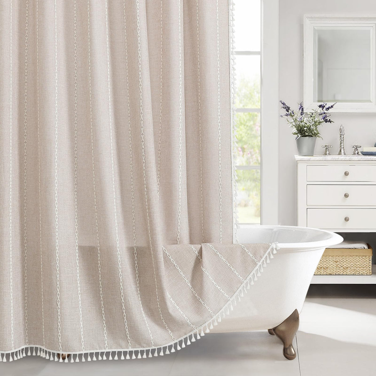 Boho Farmhouse Tassel Linen Shower Curtain,3D Embroidery Stripe Black,72x72