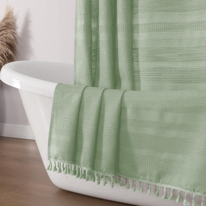 OVZME Sage Green Shower Curtain for Bathroom, Boho Linen Textured Shower Curtain with Tassel, Rustic Striped Heavy Duty Vintage Country Bathroom Curtain, 72Wx72L Inches