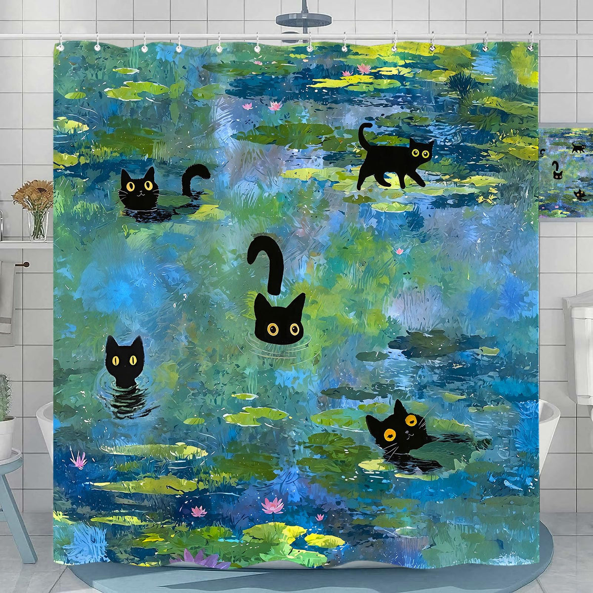 Accnicc Cute Cat Shower Curtain Funny Fun Cool Cats Monet Shower Curtains for Bathroom Water Lilies Waterproof Fabric Bath Curtain Decor 72 X 72 Inch