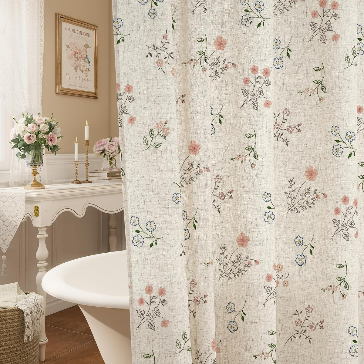 Farmhouse Linen Shower Curtain, Boho Garden Floral Curtain, 72 x 72