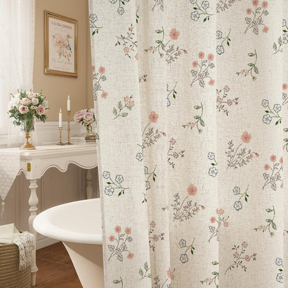 Farmhouse Linen Shower Curtain, Boho Garden Floral Curtain, 72 x 72