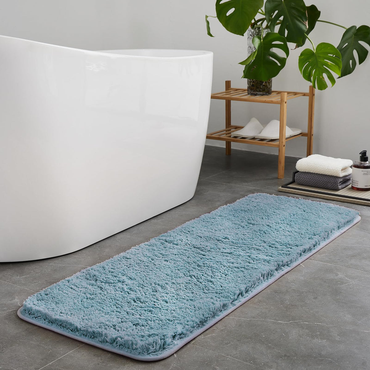 TECHMILLY Shaggy Bathroom Rugs Thick Non Slip Microfiber Mat Green 17"x24"