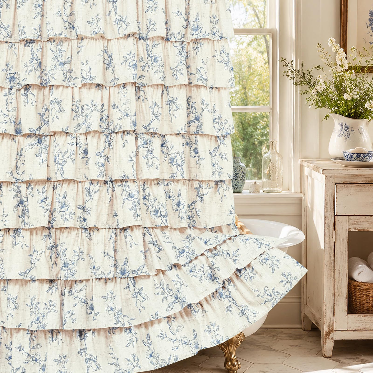 Farmhouse Floral Shower Curtain, Ruffle Bathroom Curtains, 72"Wx72"L