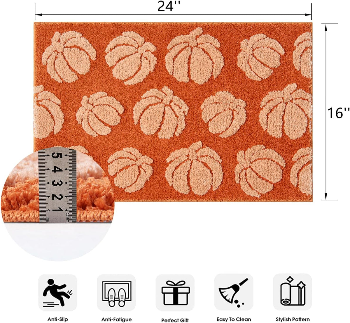 Burnt Orange Pumpkins Bath Mats Non Slip Washable, Microfiber Boho Cute Fall Autumn Bath Rug Absorbent, 16’’W x 24’’L Rustic Farmhouse Country Fall Bathroom Mat Aesthetic Decor