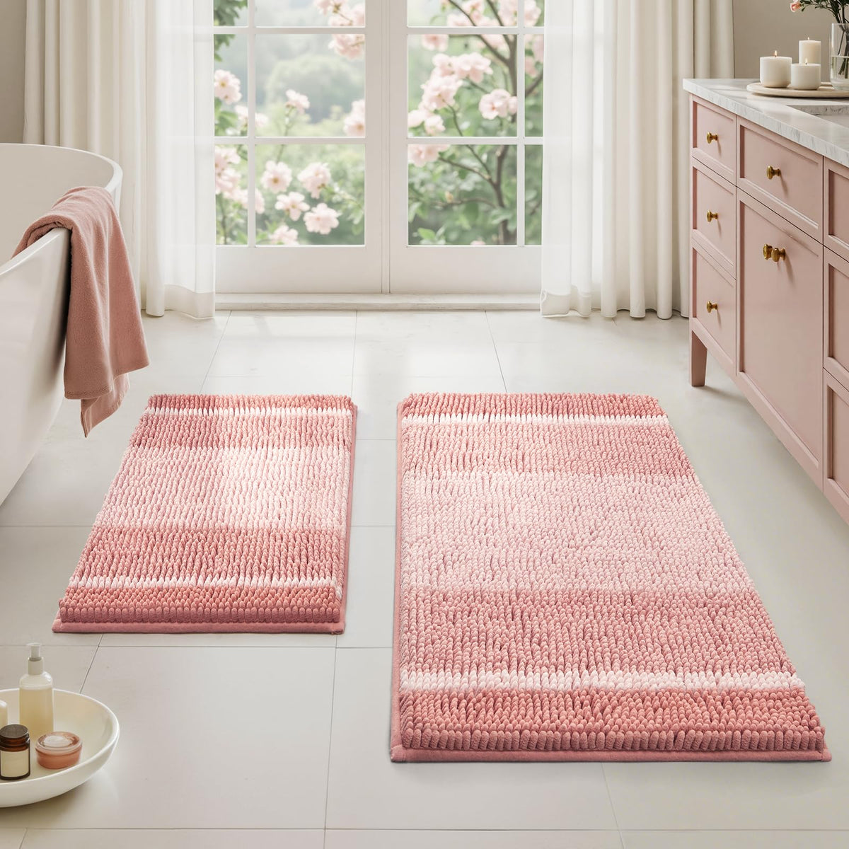 HOMEIDEAS Blue Bathroom Rugs Set, Striped Chenille, 20"x32"+17"x24"