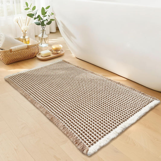 Waffle Bath Mat, Boho Bathroom Rugs Non Slip Washable, 18" x 30"