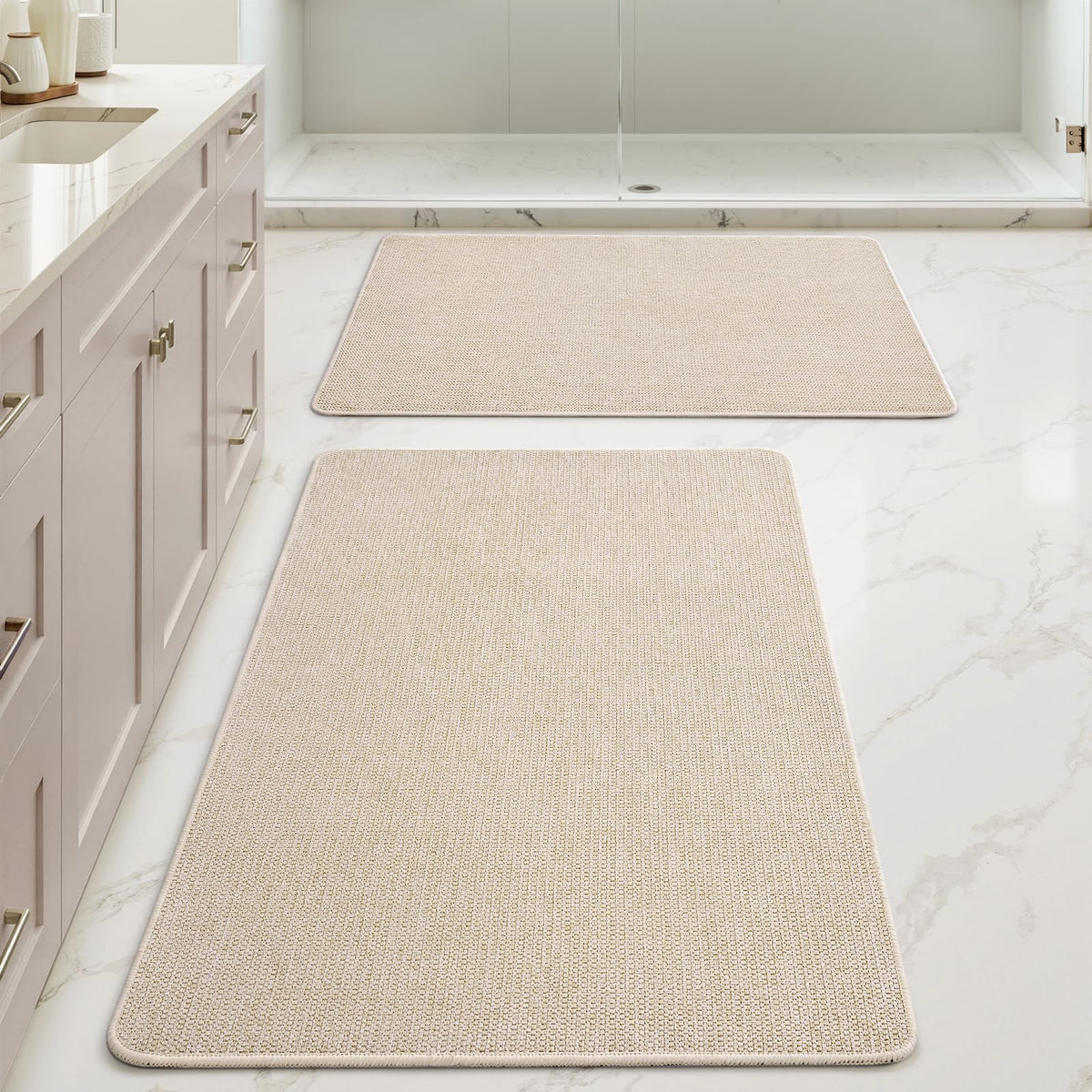 MIULEE Bathroom Rugs Set 2 Pieces, Thin Bath Mats Beige 17"x27"+20"x32"