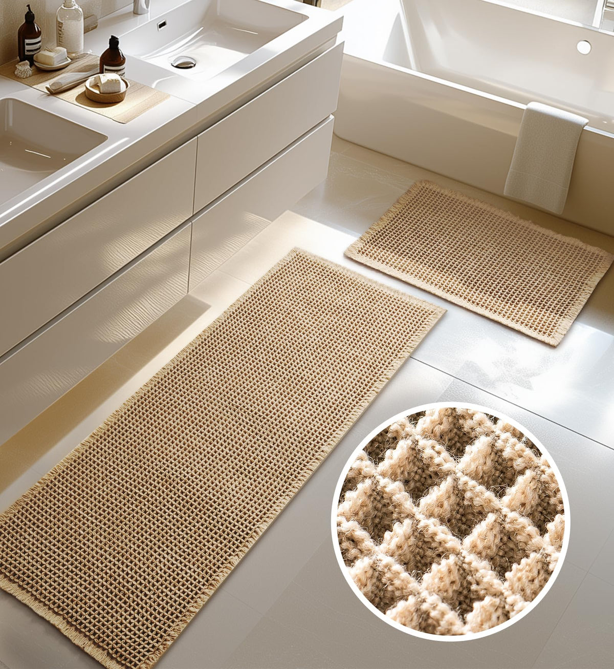 Large Waffle Bath Mat Set Non Slip, Ultra Absorbent Bath Mats for Christmas Bathroom Decor, Extra Soft Floor Bathroom Rugs Sets 2 Piece, Washable Bath Rugs Set, Green & White, 20"×47" and 16"×24"