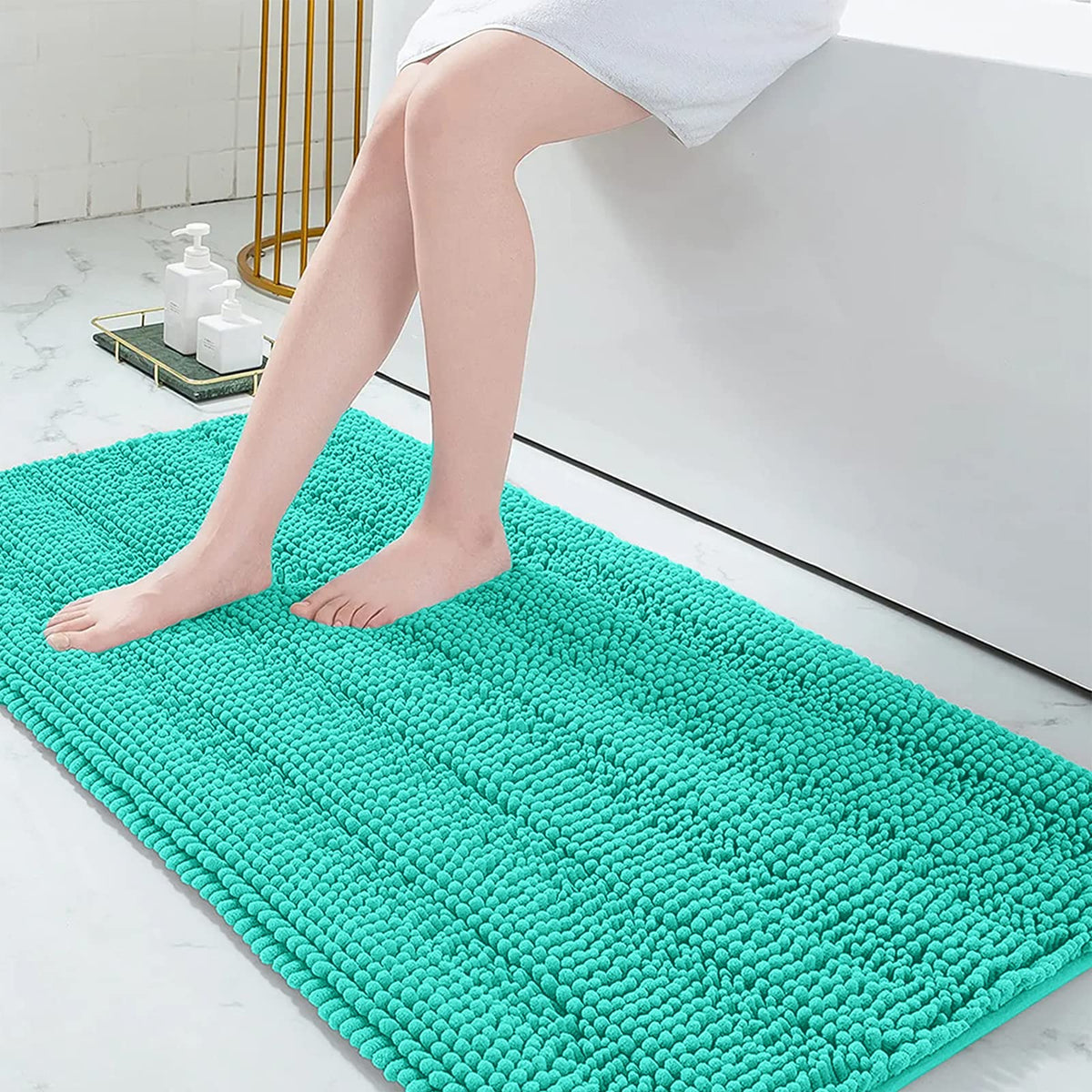 Grandaily Chenille Striped Bathroom Rugs 36x24, Extra Thick and Absorbent Bath Mats, Non-Slip Soft Plush Shaggy Shower Carpet, Machine Wash Dry, Bath Rug for Bathroom, (Large, Light Grey)