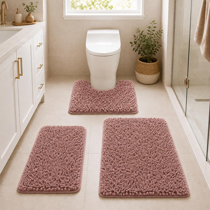 Bathroom Rugs Set Non Slip 3 Piece Bath Mat Washable Chenille Bath Rugs with PVC Backing Bath Carpet,Absorbent Bathroom Mats with Toilet Rug,Bath Mats for Bathroom,Bedroom, Kitchen,Tub,Home Decor