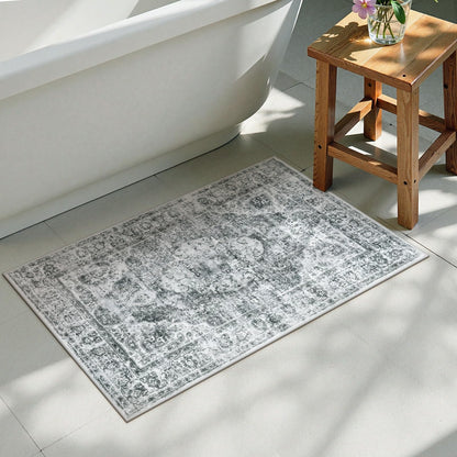 Uphome Boho Small Bath Mat, Distressed Farmhouse Light Khaki Bath Rugs, Comfy Velvet Bathroom Rugs Non Slip Washable, Vintage Oriental Toilet Rug for Sink Shower Vanity, 18x26 inch