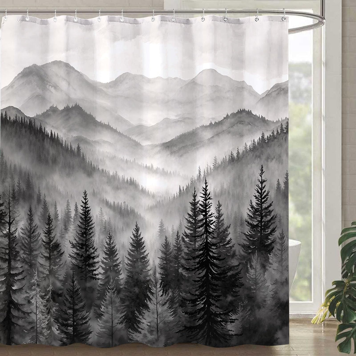 Accnicc Forest Mountain Shower Curtain Dark Green Nature Misty Pine Tree Shower Curtains for Bathroom Foggy Rustic Woodland Decorative Waterproof Fabric Bath Curtain Decor 72×72 Inches