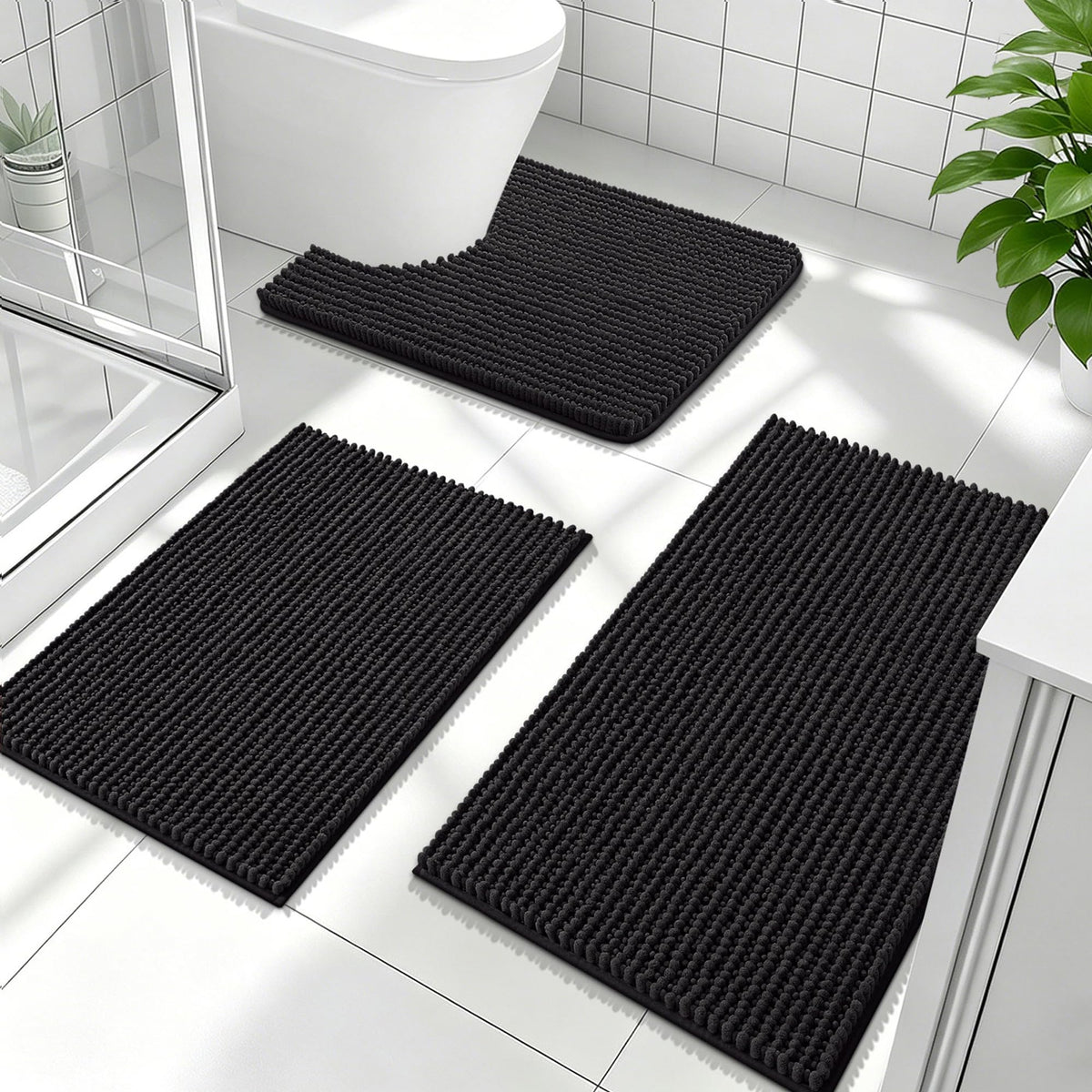 OLANLY Bathroom Rugs Sets 3 Piece, Super Soft Absorbent Chenille Bath Mats and U-Shaped Toilet Rug, Quick Dry, Home Decor, Bath Mat Set for Bathroom (24"x16"+24"x20"+30"x20", Grey)