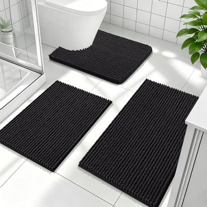 OLANLY Bathroom Rugs Sets 3 Piece, Super Soft Absorbent Chenille Bath Mats and U-Shaped Toilet Rug, Quick Dry, Home Decor, Bath Mat Set for Bathroom (24"x16"+24"x20"+30"x20", Grey)