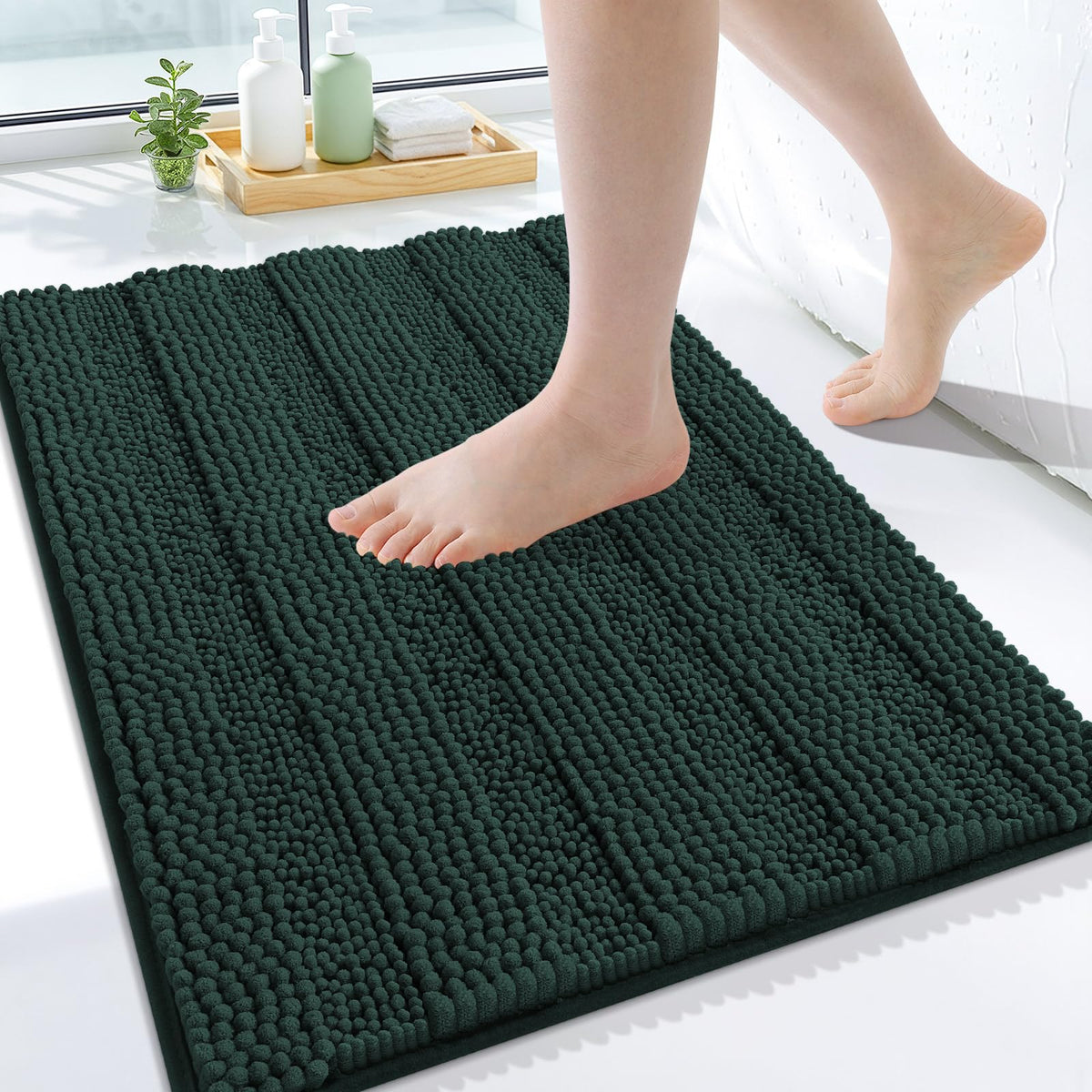 Grandaily Chenille Striped Bathroom Rugs 36x24, Extra Thick and Absorbent Bath Mats, Non-Slip Soft Plush Shaggy Shower Carpet, Machine Wash Dry, Bath Rug for Bathroom, (Large, Light Grey)