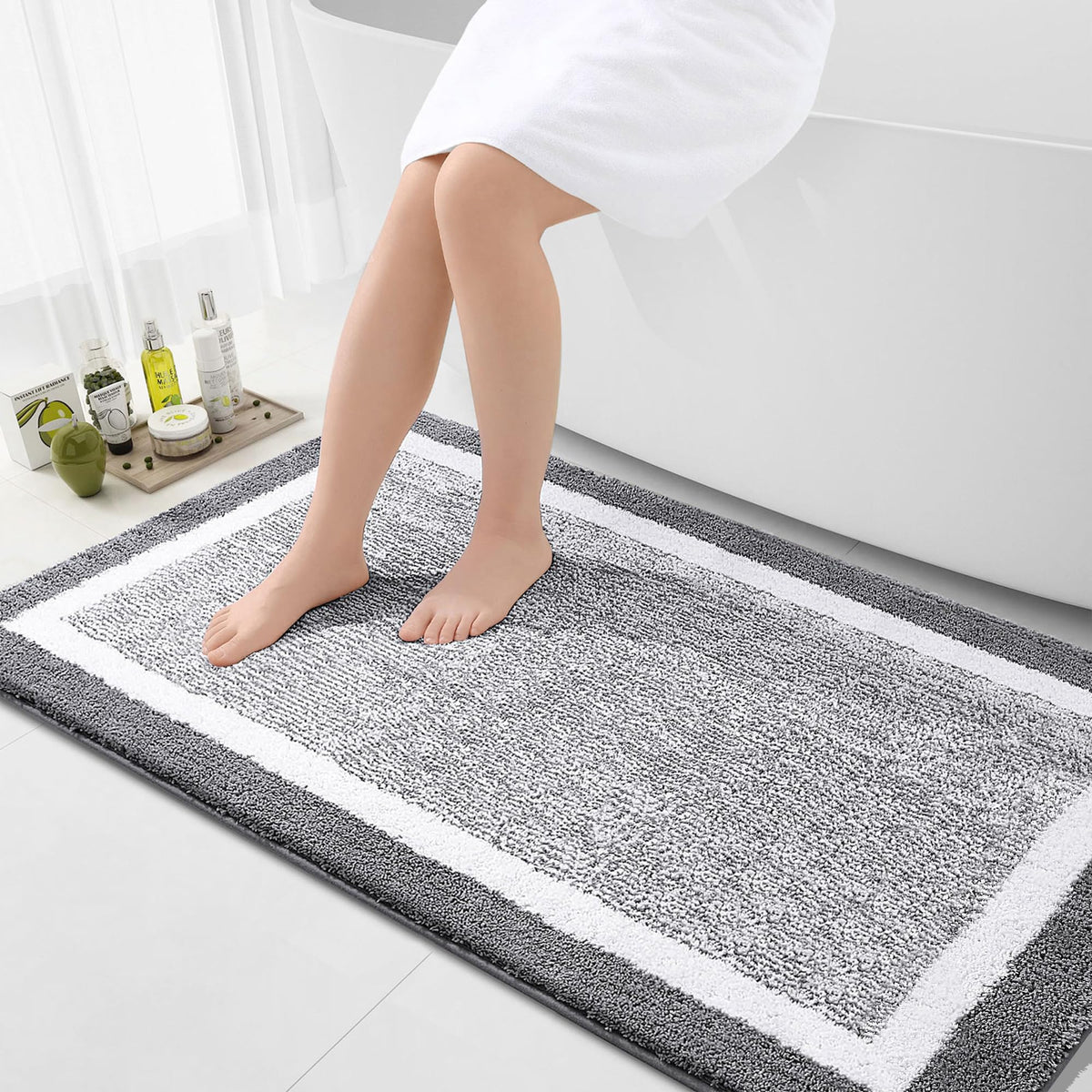 OLANLY Small Bathroom Rugs 24x16, Soft Absorbent Microfiber Bath Rugs, Grey