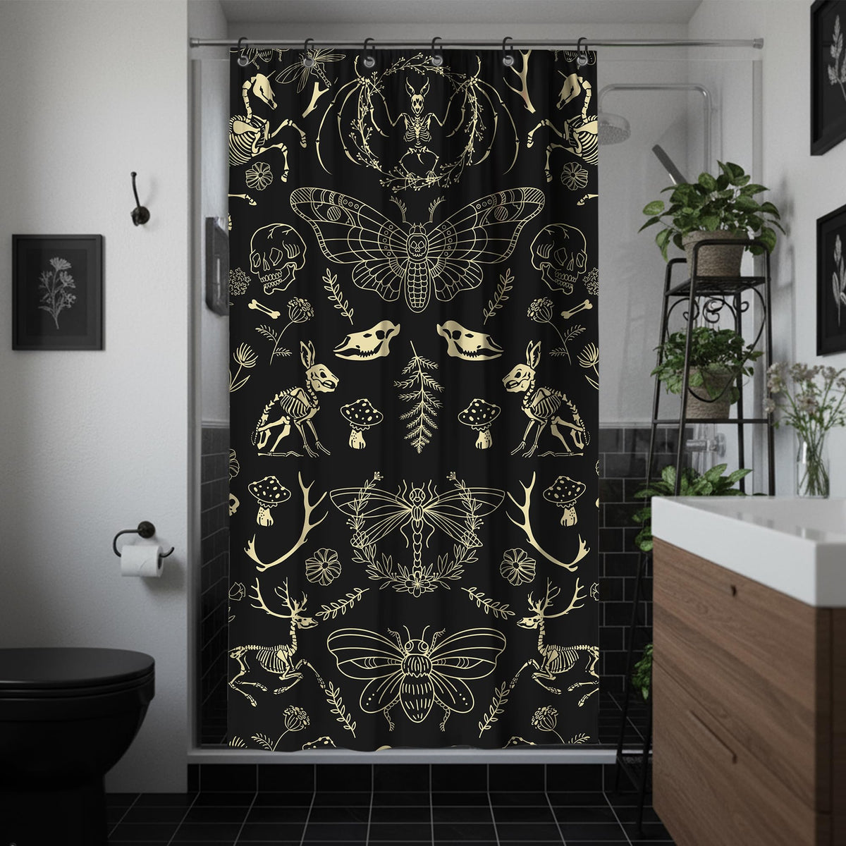 Black Goth Witchy Skull Shower Curtain Gothic Home Gift 72x72 Inches