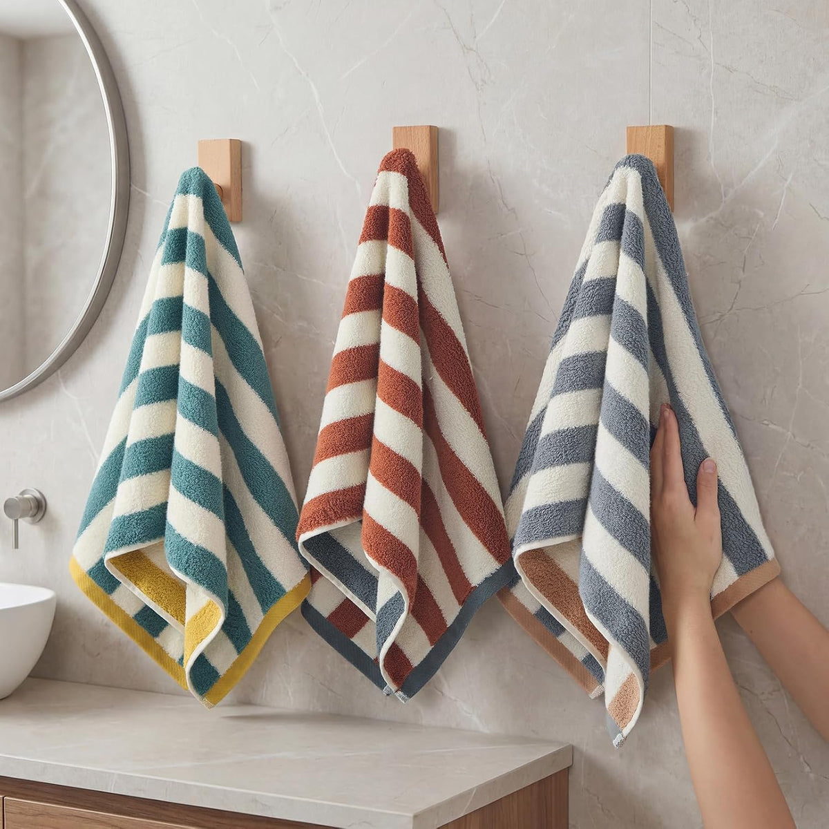 REDKISS Striped Hand Towels for Bathroom, Kitchen Decor, Guest Use, Ultra Soft and Highly Absorbent for Kids Adults, 100% Cotton, 12” x 28”, 3 Pack