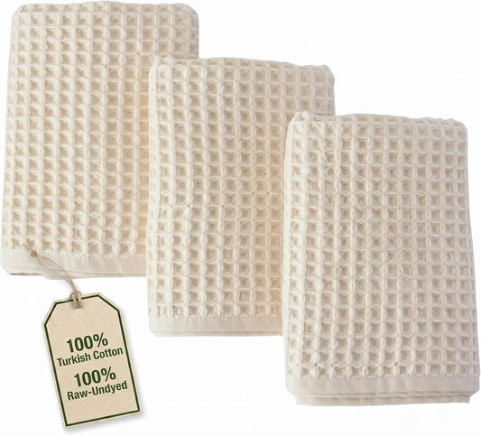 PÜSKÜL Natural 100% Turkish Cotton Waffle Hand and Kitchen Towels Set of 3