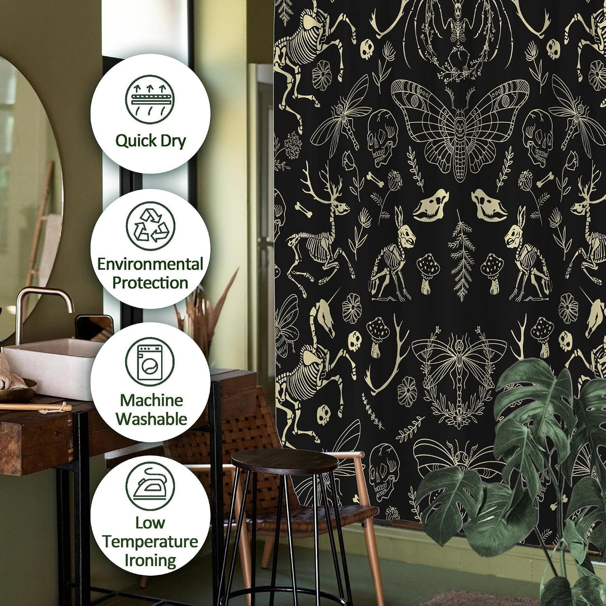 Black Goth Witchy Skull Shower Curtain Gothic Home Gift 72x72 Inches