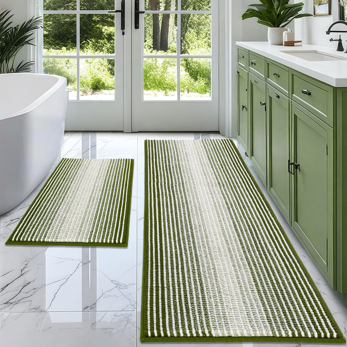 BSICPRO Bathroom Rugs Sets 2 Piece, Non Slip Striped Bath Mats, Fog Blue